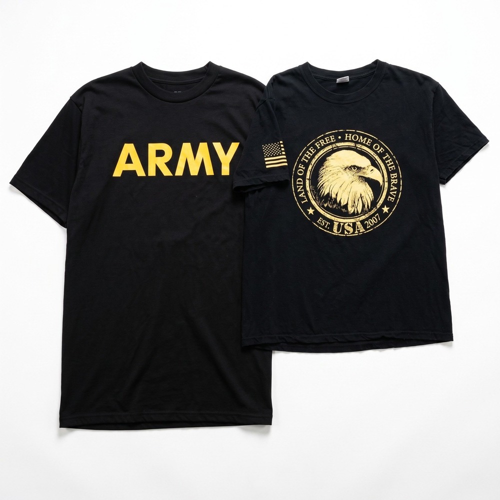 Lot 2 Mens L Black US Army PFU Eagle Home of the Brave Graphic T-Shirts Vintage